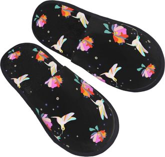 Generic Plush Slippers Flower Hummingbird Black Breathable Fluffy Slippers Portable House Shoes For Spa Winter Women M