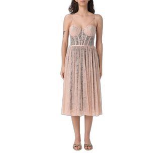 Elisabetta Franchi Midi-jurk van kanten bloemenmotief - Dames - Jurken - Beige - Maat: L Satijn