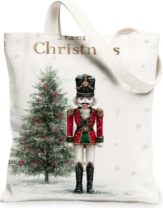 Generic Christmas Nutcracker Canvas Tote Bags, Holiday Tree Design Reusable Grocery Bags, Vintage Lightweight Washable Shoulder Str, White, 13x15 Inch
