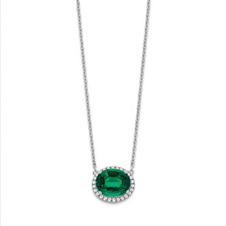 Diamond2Deal 14k White Gold Oval Created Emerald and Diamond Halo Pendant Necklace