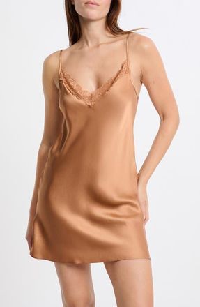 Etam Milky Lace Trim Silk Chemise in Sable at Nordstrom, Size X-Large