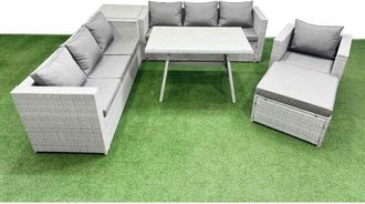 Fimous Outdoor Rattan Garden Furniture Dining Set 8-seater Patio Rectangular Table 3 Seater Sofa Armchair Set with Side Table Big Stool - Fimous