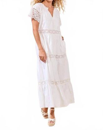 Tribal Cotton Poplin Lace-Trim Tiered V-Neck Maxi Dress In White