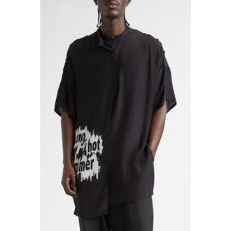 Yohji Yamamoto Double Covered Short Sleeve Silk Graphic Button-Up Shirt in Black at Nordstrom, Size 4