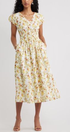 Chelsea28 Puff Sleeve Midi Dress in Yellow Lemon Strawberry Field at Nordstrom, Size Xx-Small