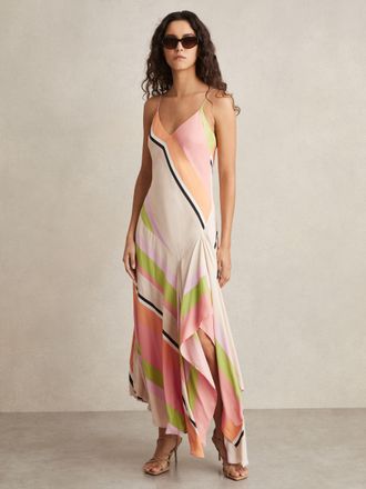Reiss Womens Pink & Green Striped Handkerchief Maxi Dress, Size: 6