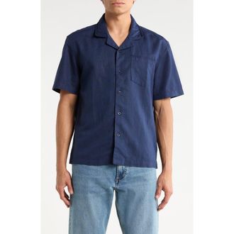 AG - Adriano Goldschmied Foster Linen & Cotton Camp Shirt in Deep Navy at Nordstrom, Size Xx-Large