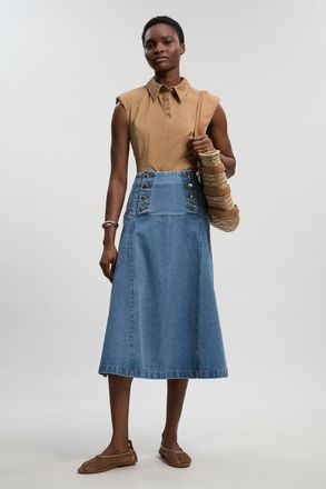 Karen Millen Womens Denim Button Front Skirt - Blue Cotton - Size 14 UK