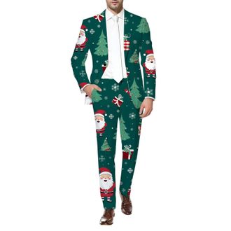Generic Mens Christmas Suit Xmas Tree Printed Party Lapel Single Button Long Sleeved Suit Holiday Clothes 2 Piece Suits One Button Notched Lapel Slim Fit Tuxe