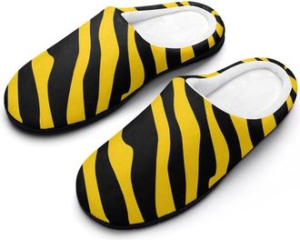 Generic Yellow Black Zebra Print Mens House Slippers Memory Foam Washable Cotton Slip on Home Shoes