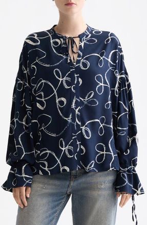 Scotch & Soda Tie Neck Ruffle Cuff Top in Ribbon Navy Aop at Nordstrom, Size 42