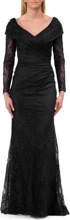 La Femme Lace Long Sleeve V-Neck Evening Gown in Black at Nordstrom, Size 20