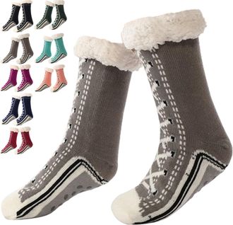 Generic Ultra-Thick Cute Slipper Home Socks, Women Winter Warm Non Slip Cozy Fuzzy Slipper Home Socks With Grippers (Gray)