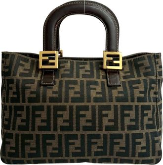 Fendi Black Brown Canvas Leather Handbag Tote Bag (Pre-Owned)