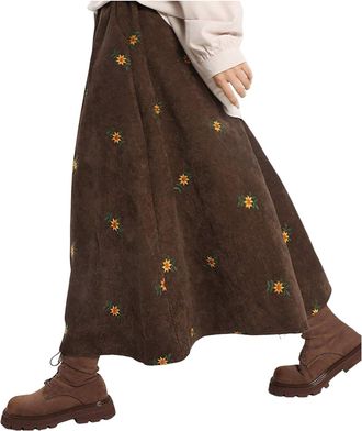 Generic Corduroy Floral Embroidery Long Skirts for Women A-Line Elastic Waist Cottagecore Floral Embroidery Fall Boho Maxi Skirts Vintage Elastic High Waist R
