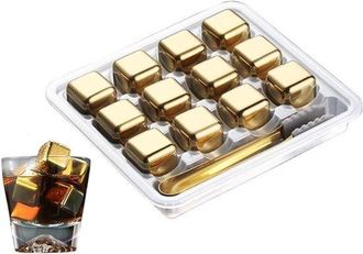 OEM 12 Cubitos De Hielo Reutilizables De Acero Inoxidable - Ideales Para Whisky, Vino, Vodka Y Licores - Piedras De Hielo De Acero Inoxidable Dorado
