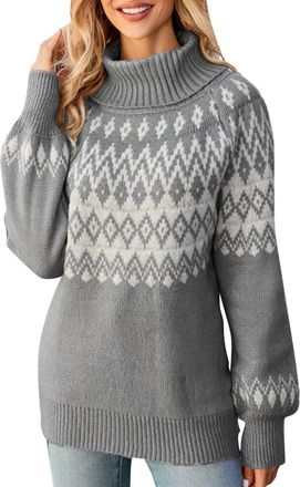 Generic Womens Christmas Jumper Autumn and Winter Turtleneck Long Sleeve Sweater Ladies Xmas Retro Jacquard Sweater Casual Loose Fairisle Retro Pullover Class