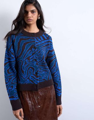 Topshop Cardigan in maglia blu con stampa animalier-Nero