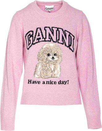 Ganni Chalk Pink Poodle Graphic Wool Sweater