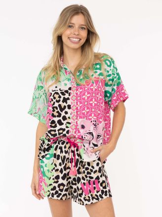 Zwillingsherz Shirtbluse ZWILLINGSHERZ Wild Jungle, Damen, Gr. SM (S/M), gr&uuml;n, Obermaterial: 100% Viskose, gemustert, mit Aufschlag Aufschlag, Blusen Shirtbluse, Se