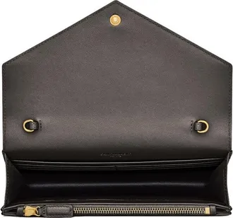 Saint Laurent Womens Pochette Envelope Cassandre Chain Black Leather Calf Shoulder Bags