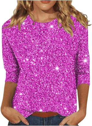 Generic Party Tops for Women UK, Sparkly Tops for Women UK: Sequin Top Glittery Shirts Xmas T-Shirt Elegant Christmas Blouse 3/4 Sleeve Plus Size Blouses Shim