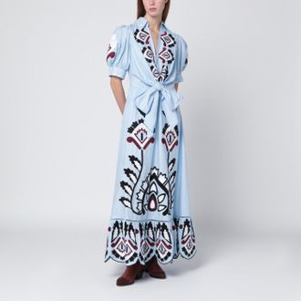 Farm Rio Hellblaues, besticktes langes Kleid mit Schleife