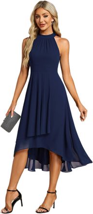 Ever-pretty Midi Halter Neck Chiffon Wedding Guest Dress with Sleeveless and A-Line Women Dresses for Wedding Navy Blue 16UK