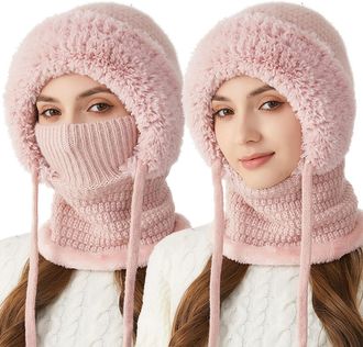 Generic 3 in One Beanie Hat for Women, 2026 Winter Hat Scarf 3-in-1 Set Premium Knitted Adjustable Warm Plush-Lined Hood (Pink)