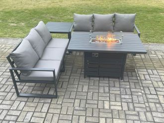 Fimous Aluminium 6 Seater Outdoor Garden Furniture Lounge Sofa Set Gas Fire Pit Dining Table with Side Table in Dark Grey