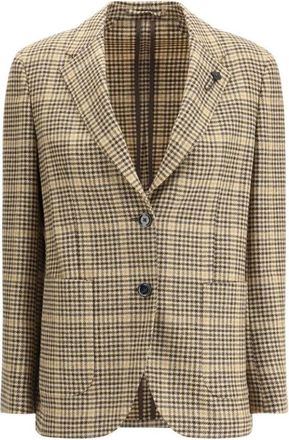 Lardini Houndstooth Blazer met iconische pinbroche - Dames - Blazers - Bruin - M - Wol - Jassen