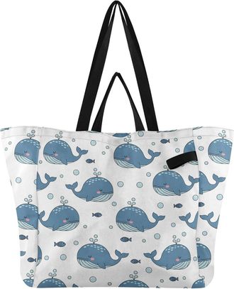 Generic Underwater Whales Fish White print Reusable Canvas Tote Bag, Heavy Duty Grocery Shopping Bag with Double Handles Large Capacity Hard Bottom Work Groce