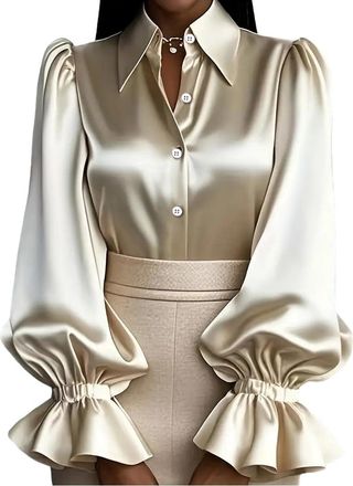 Generic Womens Tops,Womens Puff Sleeve Button Down Shirt Vintage Loose Fit Shiny Satin Blouse Victorian Style Ruffled Cuffs Collared Dressy Tops Casual Evenin