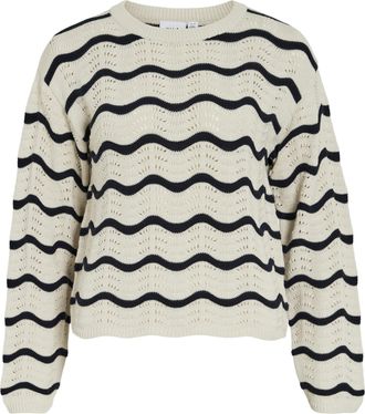 Vila Strickpullover VILA VIWAVE O-NECK LS POINTELLE KNIT TOP-NOOS, Damen, Gr. XXL, birch stripes:navy blazer, Strick, Obermaterial: 100% Baumwolle, gestrei