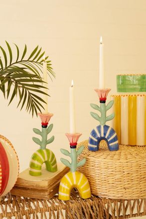 Kalalou Set Of Three Ceramic Flower Taper Candle Holders - One Each
