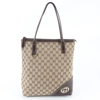 Gucci Brown Leather Canvas Handbag Shoulder Bag Tote Bag (Pre-Owned)