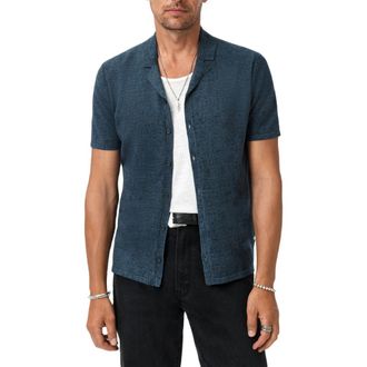 John Varvatos Nayeem Etching Print Organic Cotton Camp Shirt in Titanium Blue at Nordstrom Rack, Size Xx-Large
