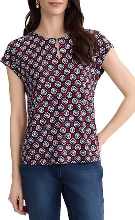 Jones New York Printed Keyhole Crepe Knit Top in Pacific Navy Multi at Nordstrom, Size X-Small