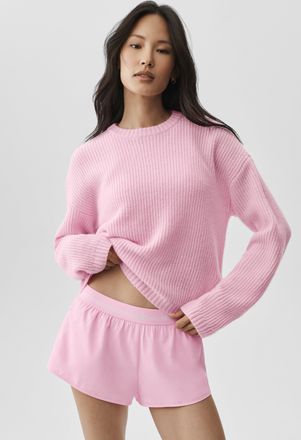 Alo | Wool Cashmere Ribbed Noble Crewneck Sweater Top in Pink Marshmallow, Size: Small