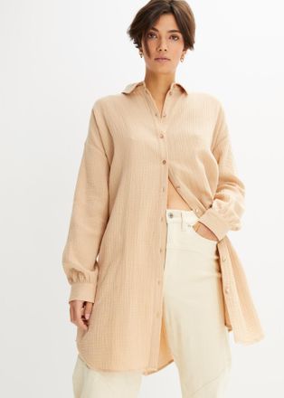 Bonprix Longbluse BONPRIX, Damen, Gr. 34, beige (latte macchiato), Web, Obermaterial: 100% Baumwolle, oversize, Blusen Longbluse, Oversize-Passform, aus Musse