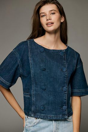 Maeve Short-Sleeve Double-Breasted Denim Jacket