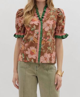 Entro Floral Top With Ruffle Accent Trim In Brown