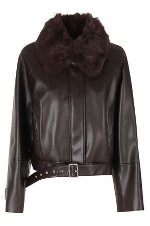 Isabelle Blanche Brown Faux Leather Fur Collar Bomber Jacket
