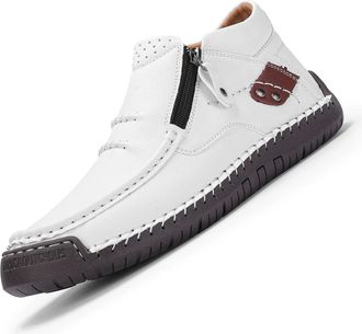 Generic Mens Casual Arch Support Non-Slip Leather Slip-On Loafers, Wide Toe Handmade Premium Leather Slip-On Driving Boots, Business Dress Shoes (White,10.5)