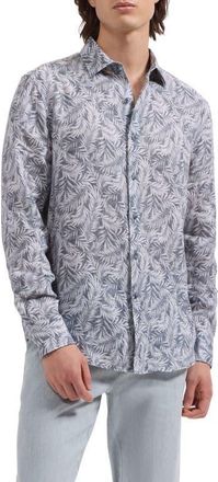 Bugatchi Julian Shaped Fit Palm Leaf Print Linen Button-Up Shirt in Navy at Nordstrom, Size Xxx-Large