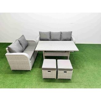 Fimous 7 Seater pe Rattan Wicker Garden Furniture Patio Conservatory Sofa Set with Rectangular Dining Table 3 Seater Sofa Love Sofa 2 Big Footstool 2 Side