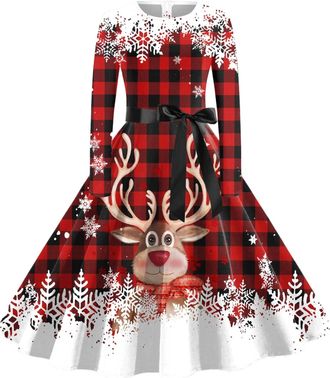 Generic Christmas Dresses for Women Xmas Print Long Sleeve Crew Neck Dress Ladies Elegant A Line Christmas Costumes for Holiday Party