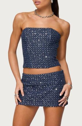 Edikted Sora Strapless Denim Crop Top in Dark-Blue at Nordstrom, Size X-Small