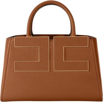 Elisabetta Franchi Tassen, Dames, Bruin, ONE Size, Leer, Leren Shopper met Logo op de Voorkant