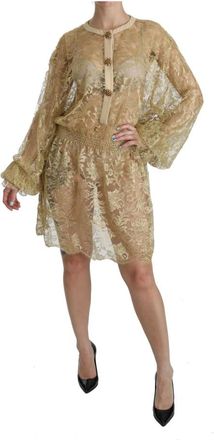 Dolce & Gabbana Gouden Kant A-Lijn Knielengte Jurk - Dames - Feestkleedjes - Geel - S - Katoen - Kleedjes